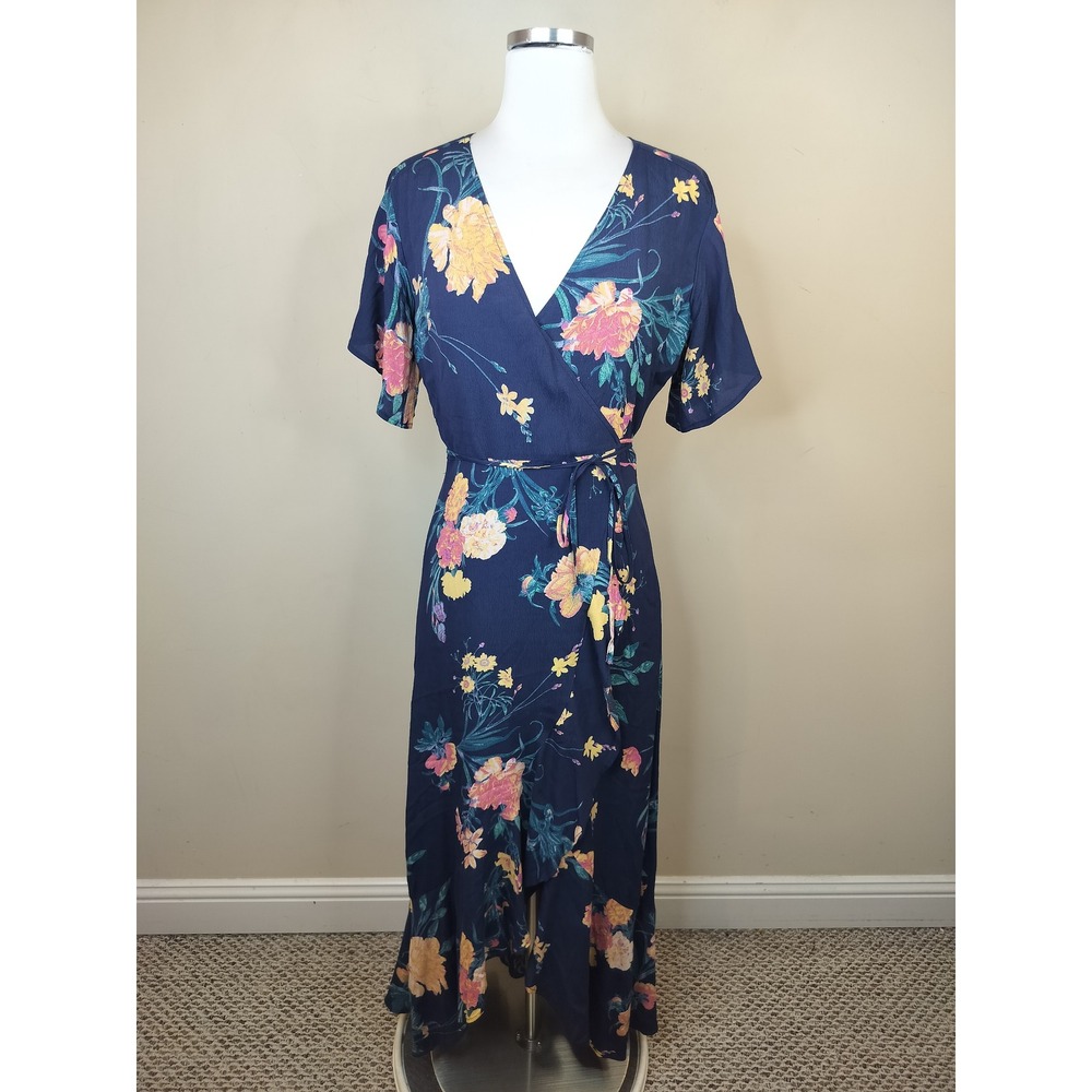 Keith Floral Wrap Maxi Dress Womens Small Ruffle Hem Boho Navy Blue